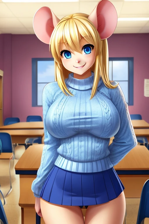mouse girl High school student ,solo, female, blonde hair, blue eyes, smiling, big breasts, slim, small waist, small hips, American high school, cropped sweater, hands behind back, happy, looking at viewer, high quality