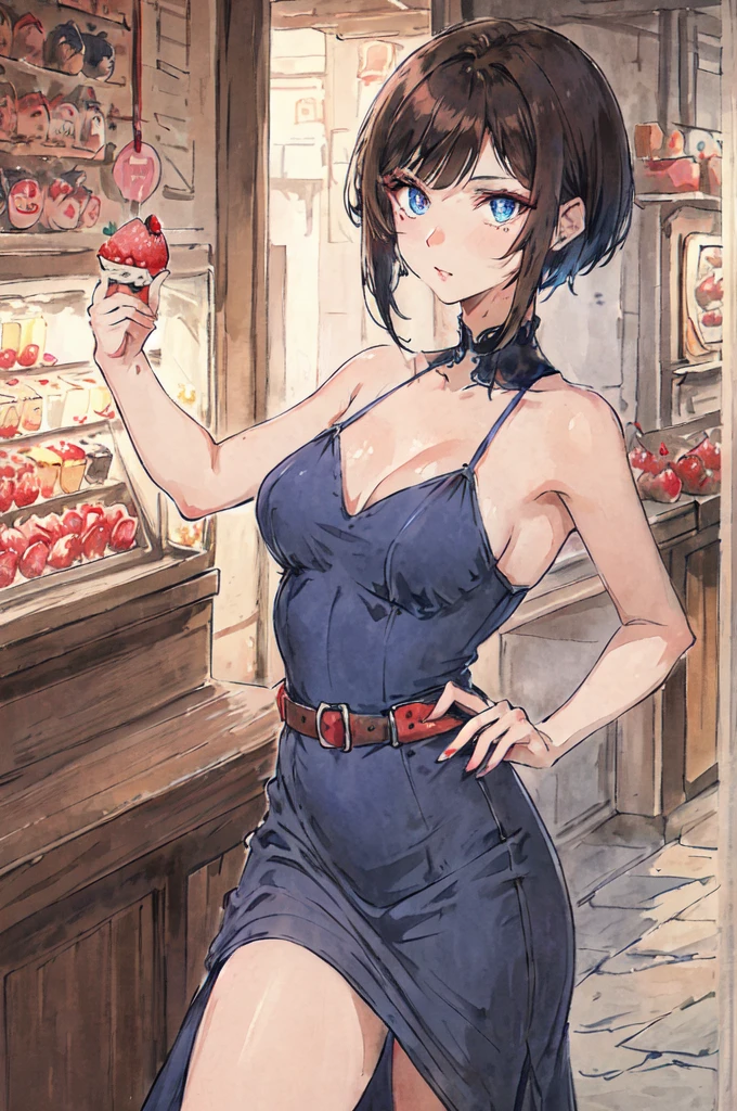 Make a woman with short brown hair, slanted eyes, blue eye color, attractive look. Make her wearing a low-cut dress, and make her with a strawberry ice cream in her hand.