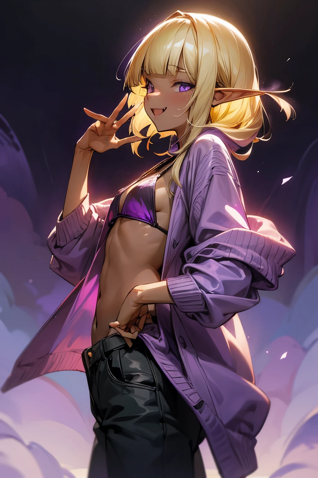 ((Masterpiece)), (Anime:1.3), ((best quality)), (RAW photo:1.2), (High Definition:1.3), (Professional Photography:1.2), (), (1girl), cute young girl, from side, BREAK, (Smug face:1.3), open mouth, (Beautiful purple eyes:1.5), (dark skin), elf girl, (wear a long cardigan), bikini top, flat chest, slim body, (hair over eyes), (blunt bangs:1.3), unruly hair, (medium hair), ((beautiful blond hair)), wear a long cardigan, shortpants, BREAK, ((best quality)), (waving pose), (on the tropical country),