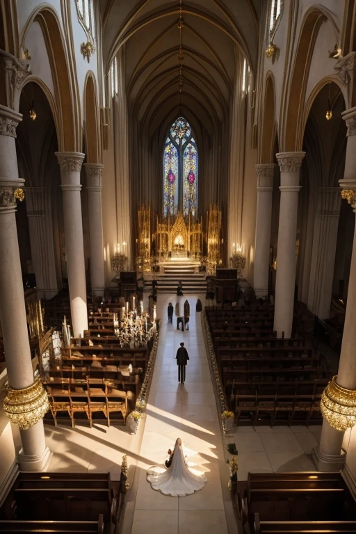 Dimly lit, gigantic golden cathedral seen at an angle slightly above those watching the wedding ceremony taking place. The bride is in the middle of the aisle that takes her to the altar, where the groom is waiting. the bride walks next to her father and both have their backs to the drawing's point of view. the cathedral is decorated with Renaissance paintings and ornaments on its columns. The image is being seen from above, a noiva, os convidados, o noivo, todos parecem bem pequenos, and everything has a magical and mysterious air. the point of view is centered with the altar, parece um sonho. make it seem as magical and close to fairy tales as possible. remembering that everything is made of gold. o casamento tem que parecer um conto de fadas.