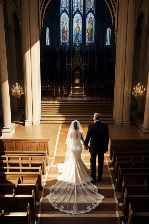 Dimly lit, gigantic golden cathedral seen at an angle slightly above those watching the wedding ceremony taking place. The bride is in the middle of the aisle that takes her to the altar, where the groom is waiting. the bride walks next to her father and both have their backs to the drawing's point of view. the cathedral is decorated with Renaissance paintings and ornaments on its columns. The image is being seen from above, a noiva, os convidados, o noivo, todos parecem bem pequenos, and everything has a magical and mysterious air. the point of view is centered with the altar, parece um sonho. make it seem as magical and close to fairy tales as possible. remembering that everything is made of gold. o casamento tem que parecer um conto de fadas.