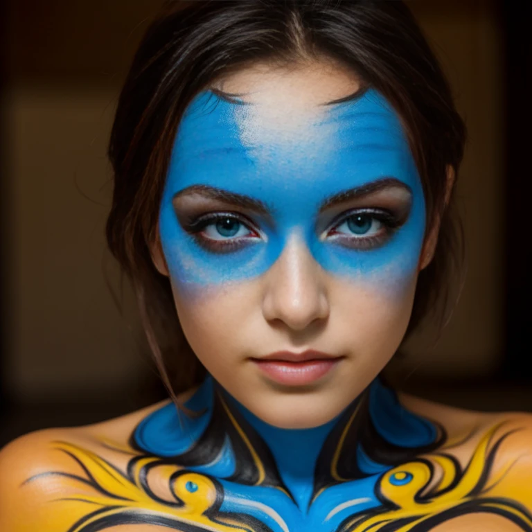 une femme de 25 ans, en sous vêtement, posant pour un peintre, atelier de peinture, bodypainting