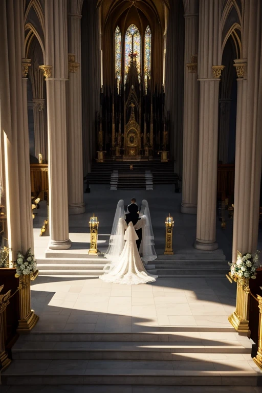 Dimly lit, gigantic golden cathedral seen at an angle slightly above those watching the wedding ceremony taking place. The bride is in the middle of the aisle that takes her to the altar, where the groom is waiting. the bride walks next to her father and both have their backs to the drawing's point of view. the cathedral is decorated with Renaissance paintings and ornaments on its columns. The image is being seen from above, a noiva, os convidados, o noivo, todos parecem bem pequenos, and everything has a magical and mysterious air. the point of view is centered with the altar, parece um sonho. make it seem as magical and close to fairy tales as possible. remembering that everything is made of gold. o casamento tem que parecer um conto de fadas.