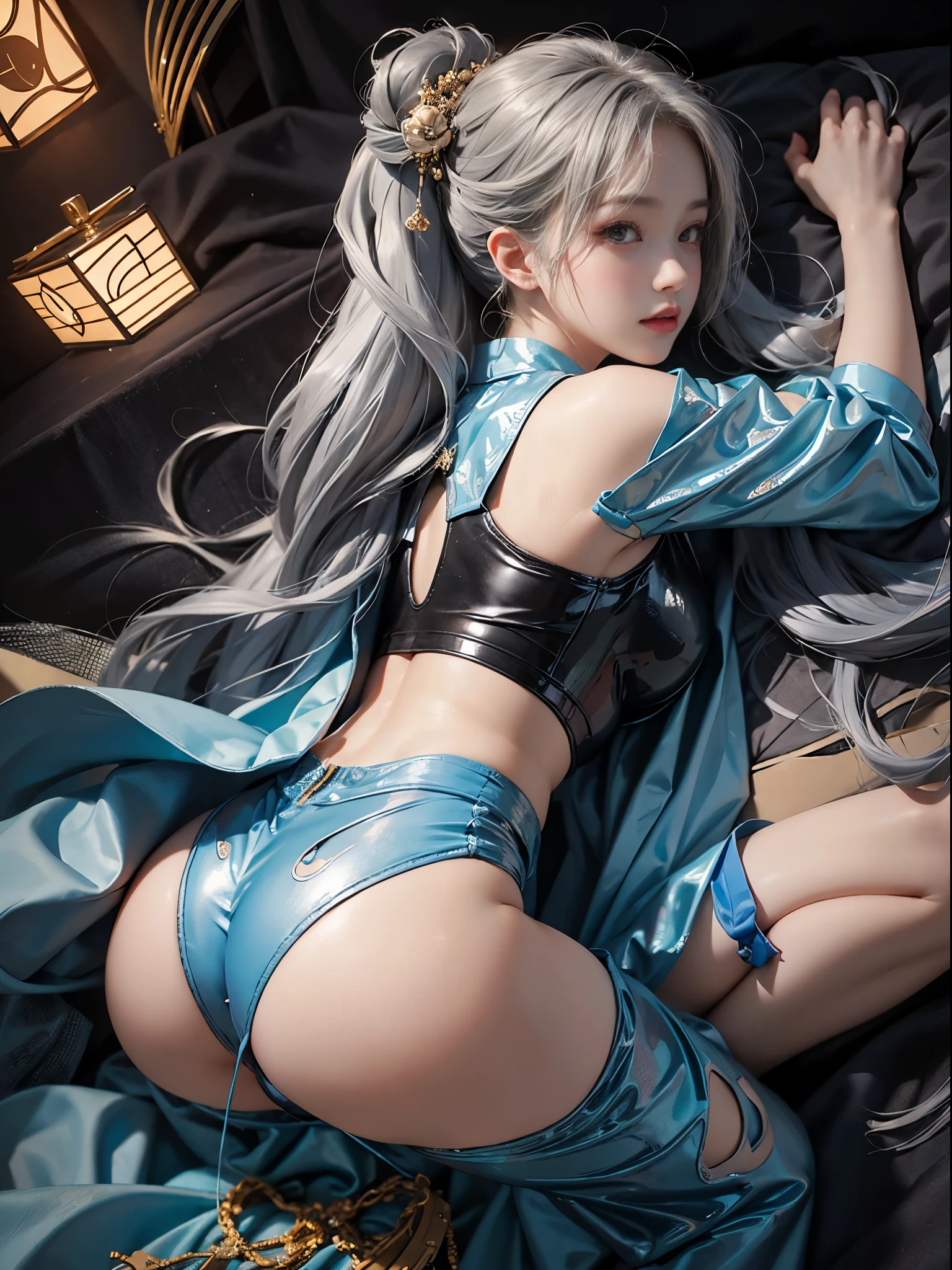 ((best quality)),((excellent quality, 8K, master piece: 1.5)), The pubic area is clear: 1.4, perfect body beauty: 1.4, sexy hanfu clothes,sexy hanfu clothes,I can see your pants,gray hair,wet skin, sleeping in bed,back stance,pointed ass,round butt,pointed ass,Raise your ass,film texture,