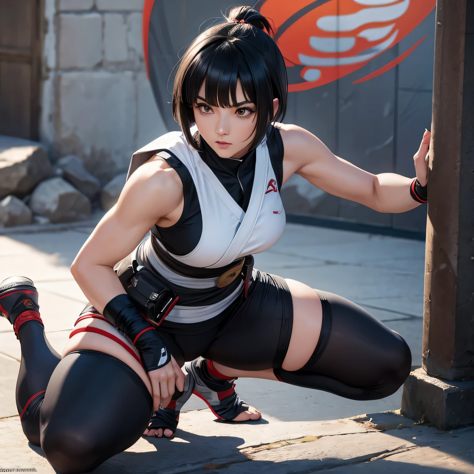 Kunoichi woman short hair bangs athletic body white ninja clothes