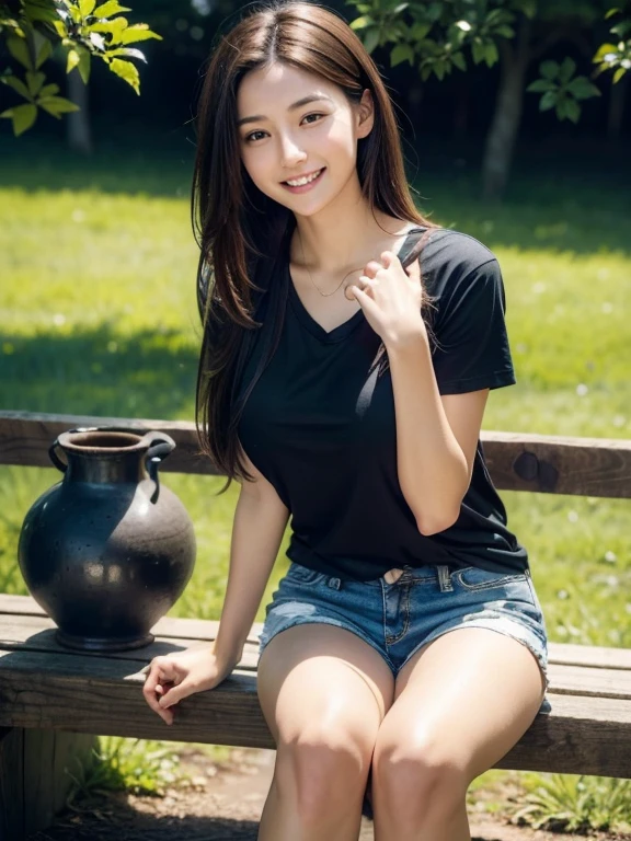 8K, top quality, masterpiece, realistic, super detailed, photo realistic, hyper realistic, smoother lighting, improve cinematic lighting quality, realistic lighting, backlighting, bright light , improved quality, top quality real texture skin,Golden ratio,
japanese, 1 girls, medium long hair, Straight hair, brown hair, Black hair, Smiling, Fine skin, Pores, No makeup, No makeup, 24 years old, Double eyelids, Double narrow eyes, Beautiful, Beautiful legs, Beautiful face, Beautiful eyes, Cute, Pretty, Stylish, Good style, Full body, Full body photo, Beautiful skin, Kind face, Gentle expression, Caring expression, Gentle expression, Healing face, Healing expression, Homely expression, Elegant face, Smiling,daytime, summer, sweat, Height: 169CM, in the park,A black T-shirt with a print, large breasts, jean shorts,