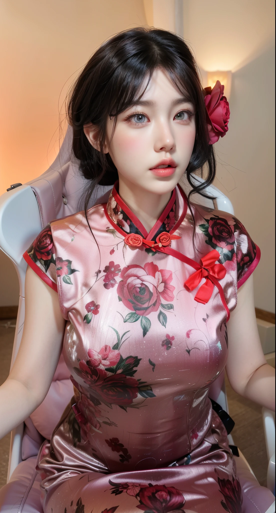 Game art，Best image quality，Highest resolution，8K，(A half-length photo)，(portrait)，(Head close-up)，(rule of thirds)，Unreal Engine 5 rendering works，20 year old girl，((Queen))，Eyes are very detailed，(big breasts)，Elegant and noble，cinema lights，Ray tracing，Game CG，((3D Unreal Engine))，OC rendering reflection pattern，4K，Ultra-clear，translucent lace，Fair and plump figure，pretty face，gloss gel coat，身着华贵礼服的Queen，Necklace jewelry，dark blue pupils(Like the eyes of the starry sky)，full body tattoo，The tattoo is very beautiful，纹身Queen，Wear silk cheongsam，sit on the chair