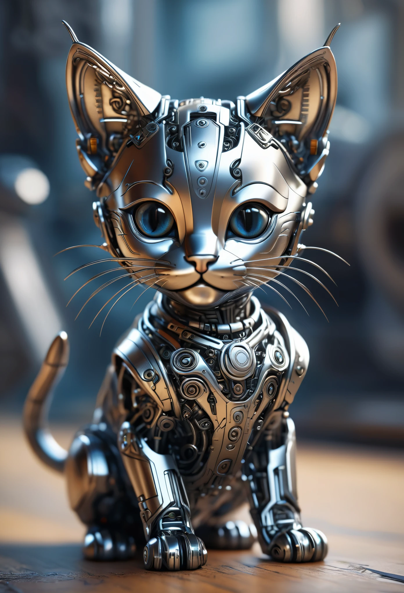 A cute kitten made out of metal, (cyborg:1.1), ([tail | detailed wire]:1.3), (intricate details), hdr, (intricate details, hyperdetailed:1.2), cinematic shot, vignette, centered, crypto theme