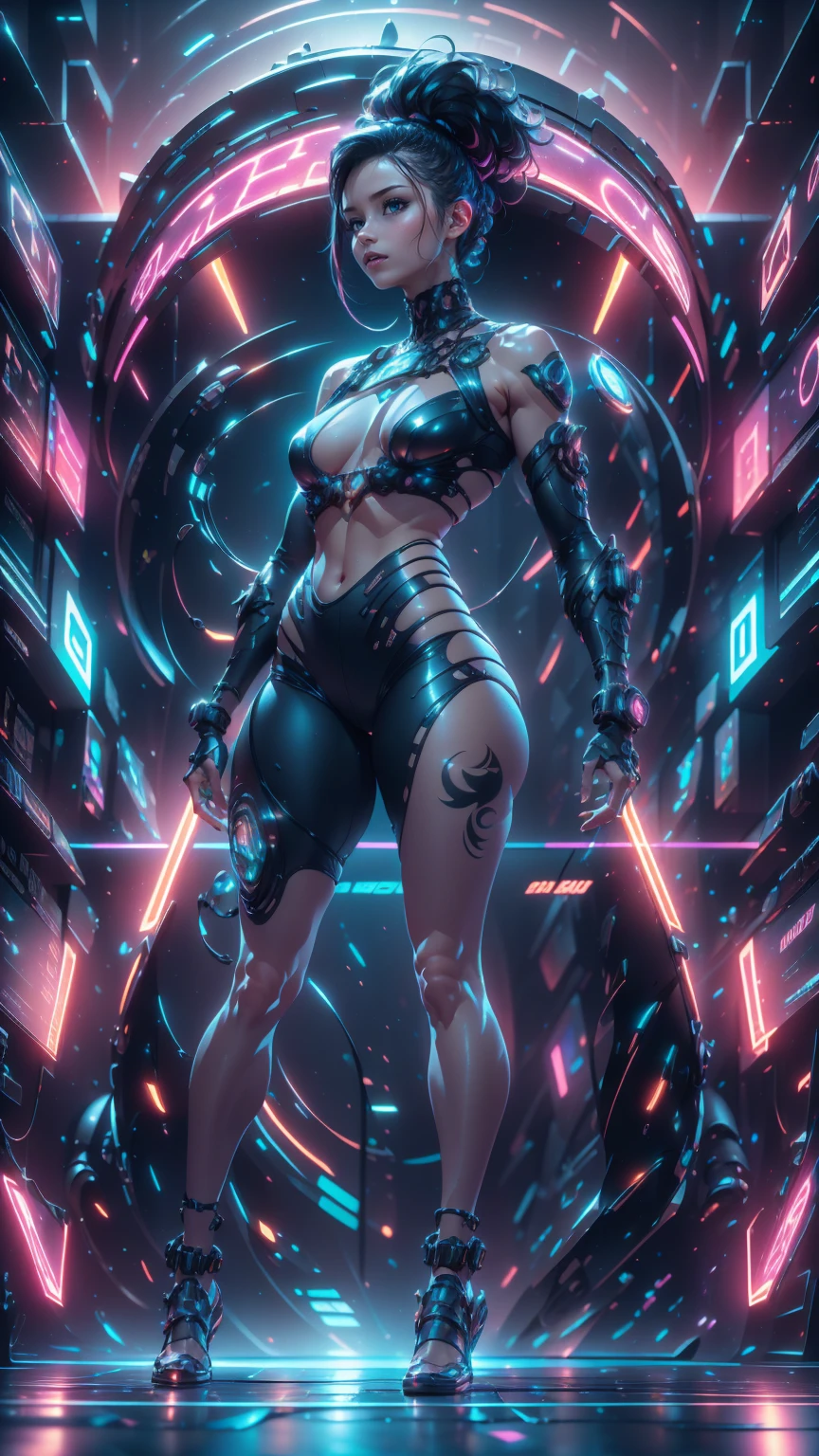 An ultra-realistic and ultra-detailed, Intricate Retrowave Environment, ((full body portrait)), (Downward View, From Above), A Gorgeous caucasian celestial goddess, barefoot, (Small Hips Slim Body), (Straight Black Hair), (silver eyes), ((smaller breasts)), Wearing Tight Small (Cut Up) Cyberpunk Shorts,, (Striking Innocent Pose), Dynamic Angle, (From The Bottom), Galactic Clouds everywhere adorned with vivid chemiluminescent stars and galaxies floating through the cosmos, Atmospheric, radiating luminous cosmic energy, multicolored, vibrant lighting, visually stunning, surreal, epic, legendary, radically fantastic, sharp uhd, dof, 8k resolution, enhanced-realism