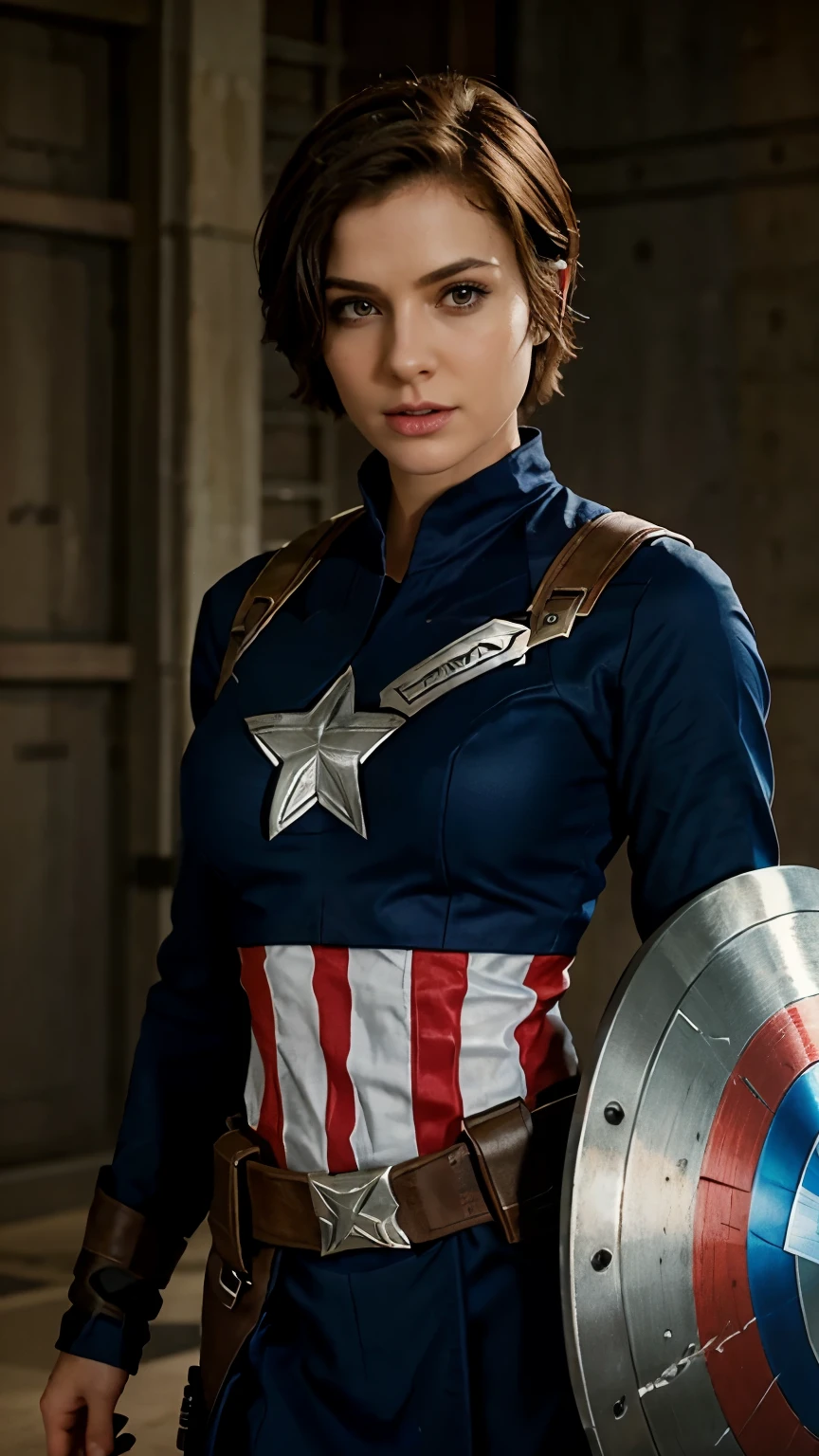 Creates a woman with short Channel hair, in the realistic Captain America costume. I want it realistic with the realistic Captain America shield. Create a war scenario, showing that she was in the robe