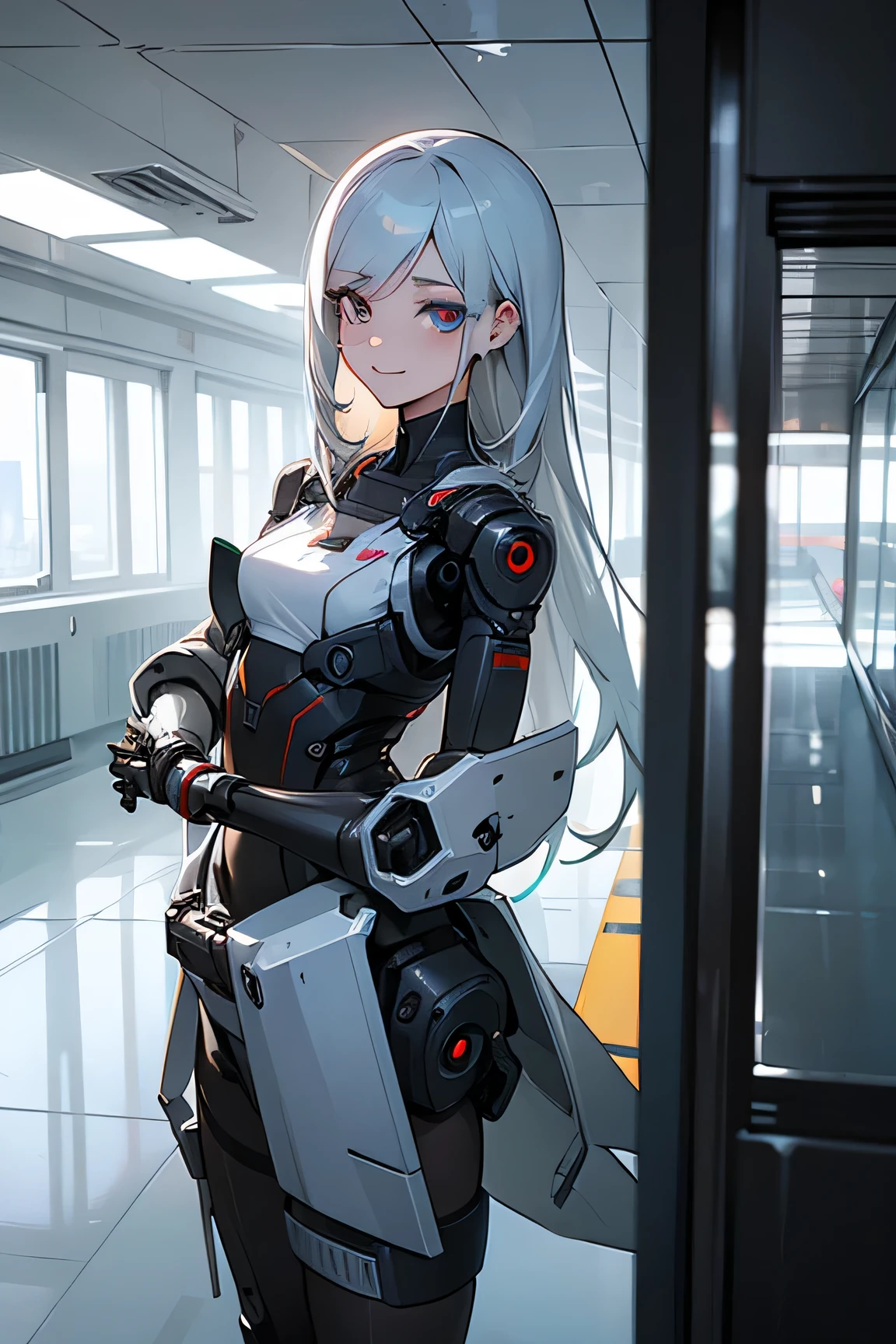 A beautiful android girl with prosthetic arms, a slight smile, full lenght, staying at corridor, full steel.