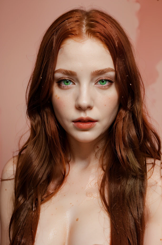 Make a woman with green eyes, long red hair, sexy look, and wet lips. Make it covered in chocolate popsicles.