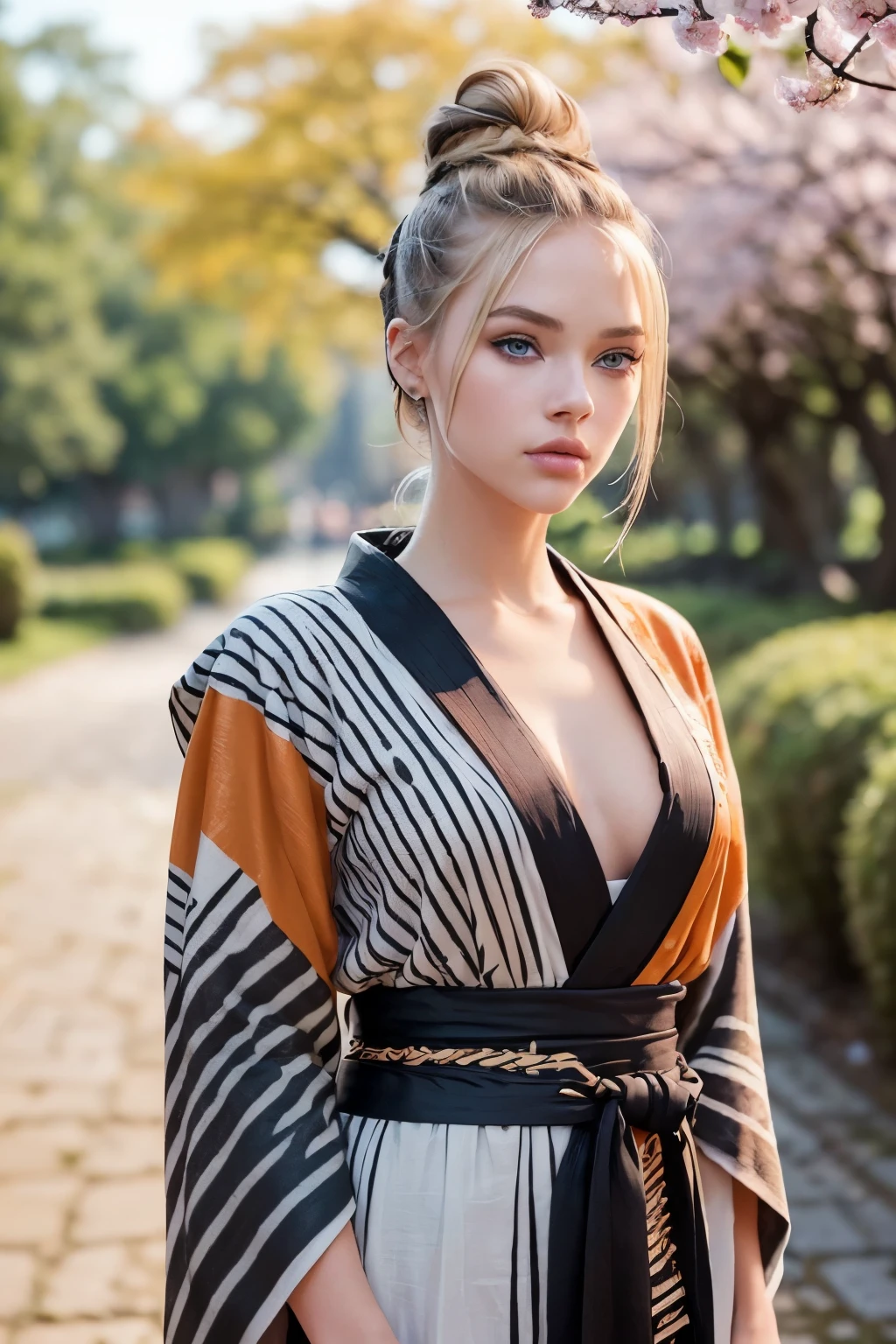 ((AlexiaThompson01R face)). beautiful. perfect, ((blonde hair, hair in a bun, hair falling over one eye, emo bangs)), (blue eyes. Vibrant Blue Eye). perfect skin, white skin. thin nose, thin chin. ((samurai, tiger kimono, orange and black kimono, kimono with stripes) (location: garden, shogun, sakura tree)(makeup, beautiful western woman, mascara, brush) (full body photo, front view, standing )