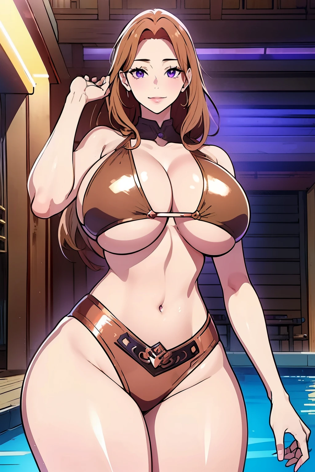 An anime-style artwork depicting ruan mei from the game Honkai star rail.

Tags: ruan mei, anime, detailed eyes, detailed lips, tight bikini, smiling expression, intense gaze, glowing emblem on hand, dynamic pose, pool, vibrant colors, digital art, high-resolution, professional quality, gigantic breasts, (underboob : 1.4), curvy, cowboy shot, (gigantic breasts: 1.4), green eyes, (light brown hair), curvy, cowboy shot, (gigantic breasts: 1.4), (violet eyes: 1.4), (light copper blonde hair: 1.6), curvy ass