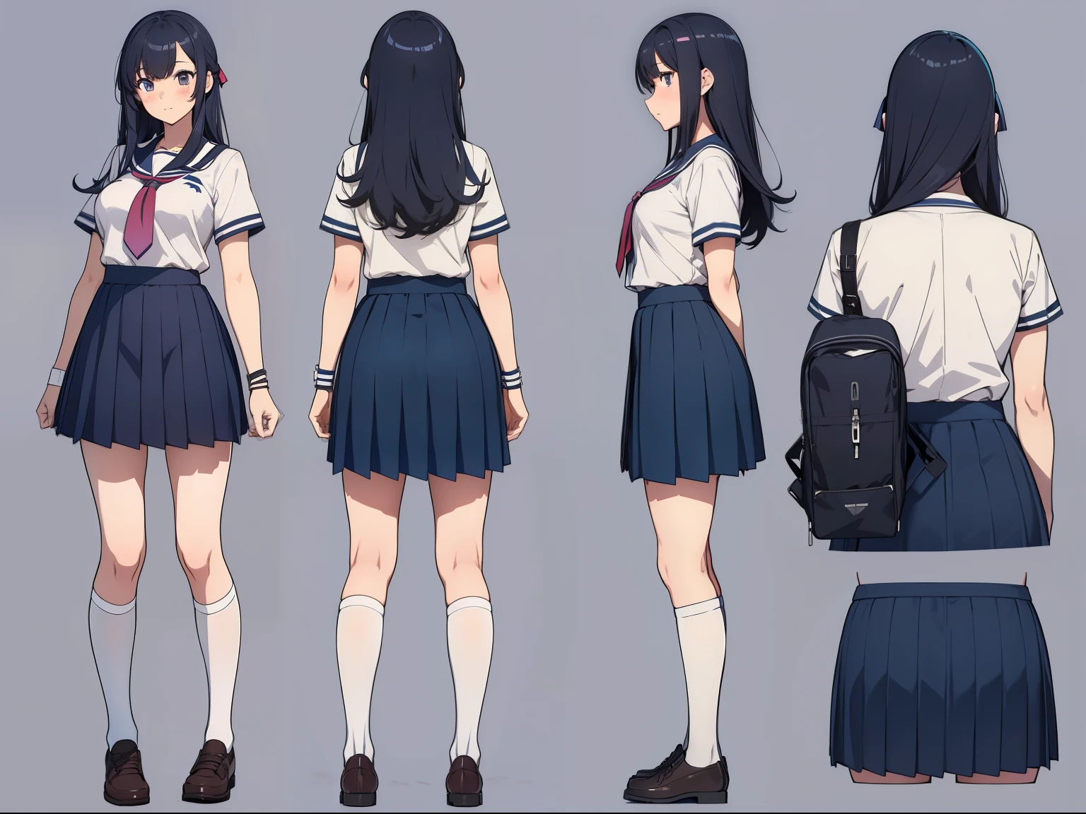 A woman, 20 years old, skirt, cleavage, high school girl, long tie, big , Joshi kosei, big , nice ass, various angles, (front, back, side), character sheet, model sheet, reference sheet.