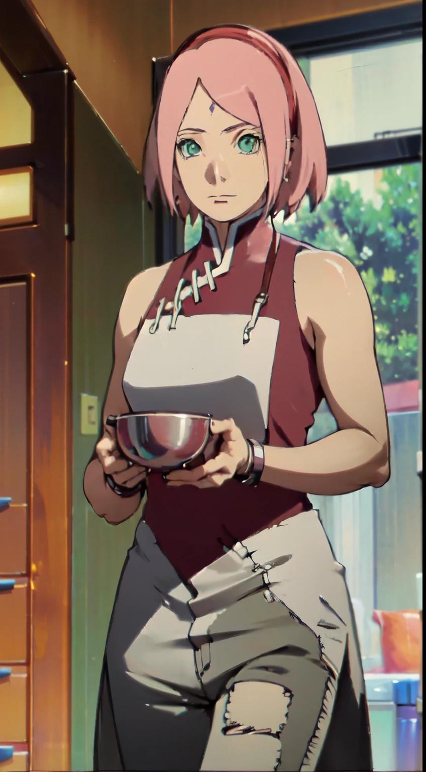 woman with sad look, mujer con lagrimas by the wide, by the wide, by white, makeup smeared, open mouth, with apron, in a kitchen, green skirt, showing her panties.