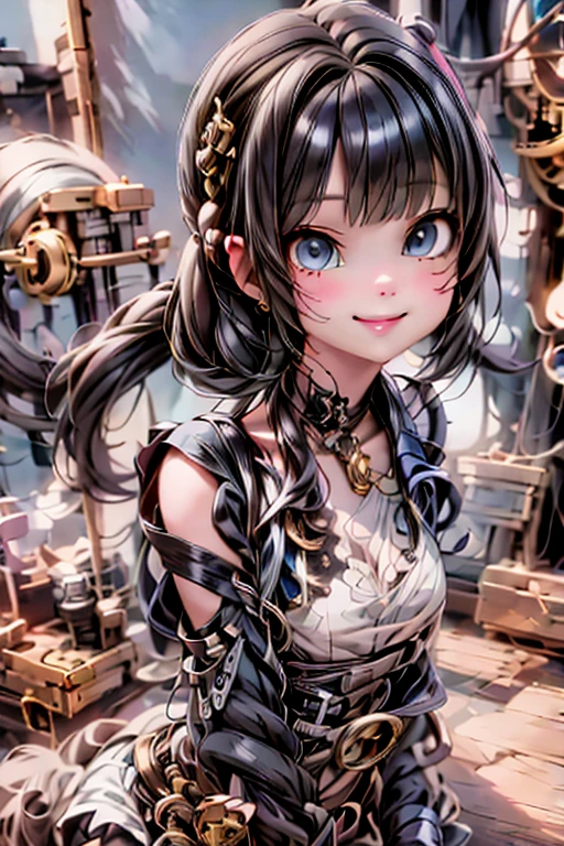 steampunk girl smiling, dynamic pose, 