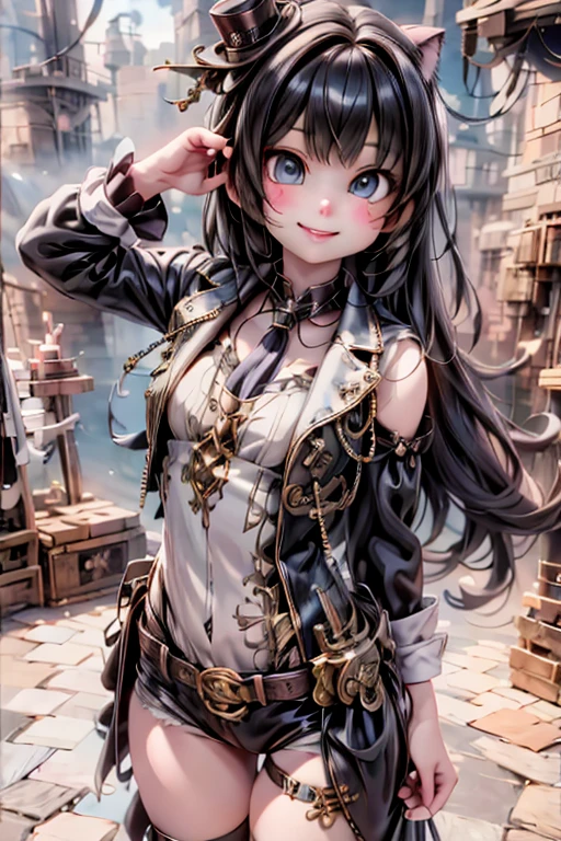 steampunk girl smiling, dynamic pose, 