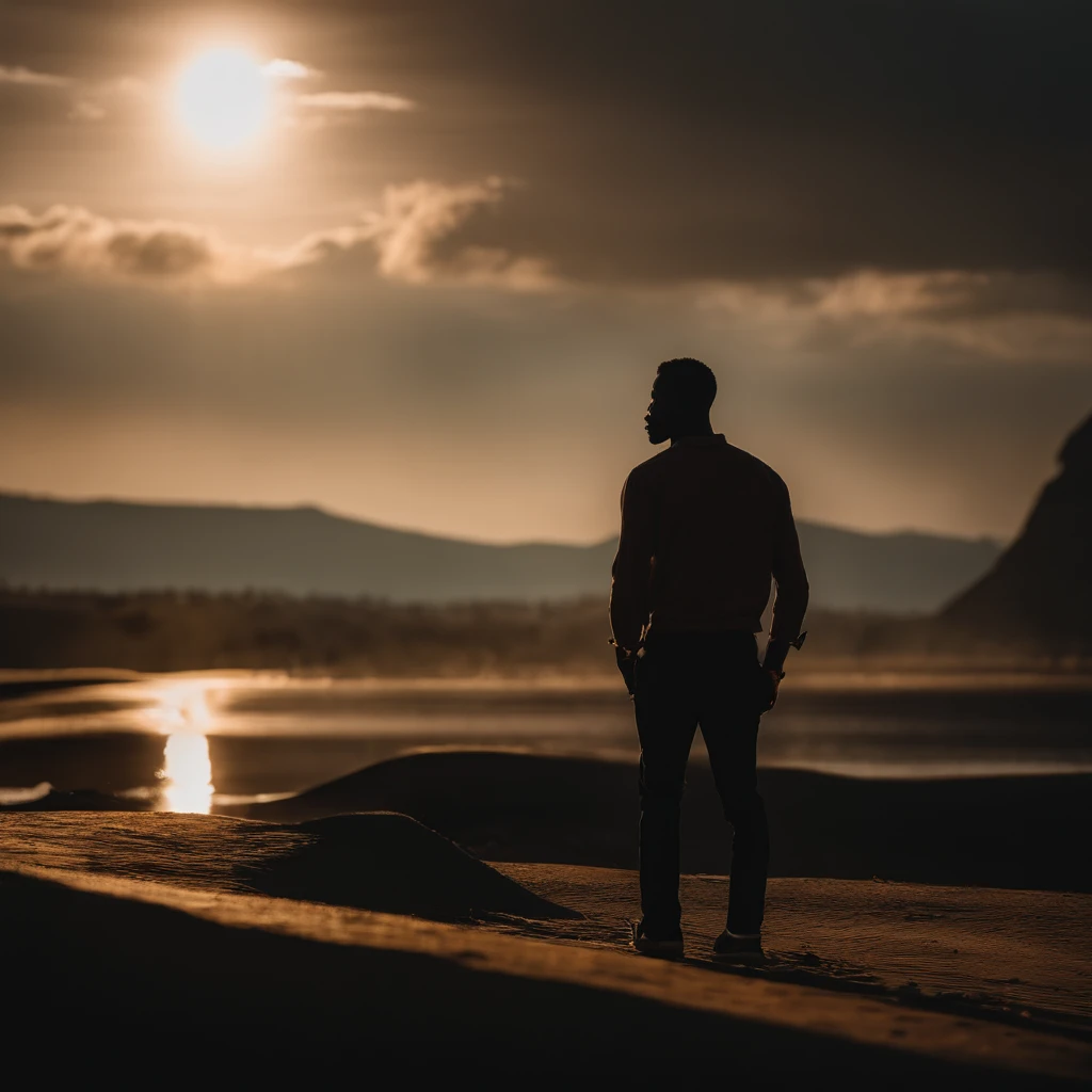 Homem negro, 30 anos, de perfil (realista), roupas de malandro, anel de ouro no dedo, na margem de um dia. night scenery, sombras