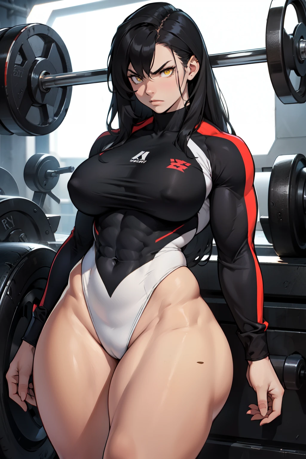solo, 1 girl, (very long hair), black hair, angry, yellow eyes pale skin (wide hips thick thighs curvy muscular toned body bodybuilder huge tits) longsleeve leotard