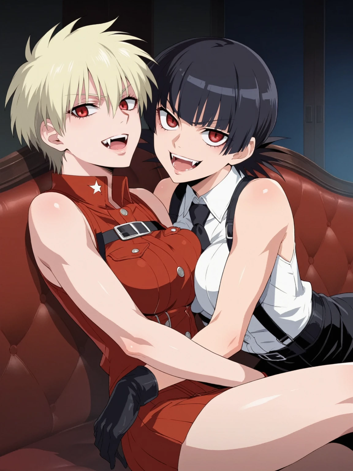 rating_explicit, 2 woman, 1 short white hair woman, white skin, slim body, slender body, black lipstick, doggystyle sex, 1 black strong tall woman futanari, african skin, robotic red arms futanari, black bun samurai hair, bed, purple lights, night, dark, holding waist, moan
