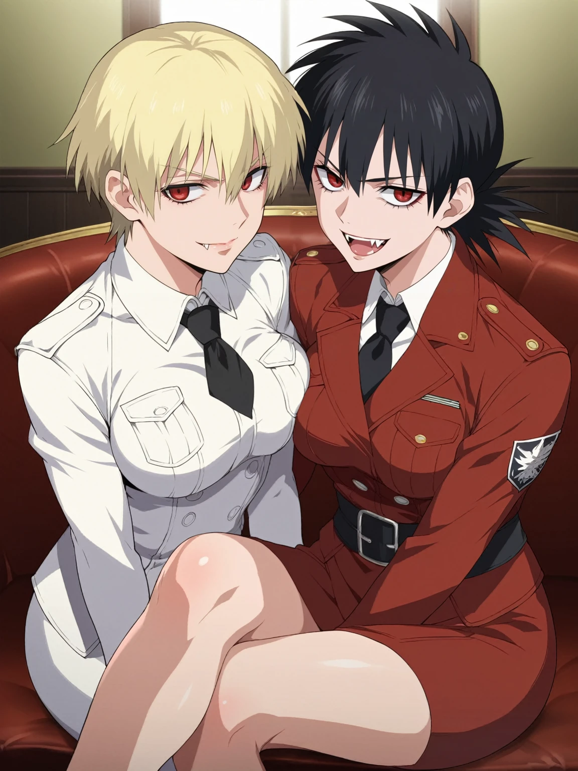 score_9, score_8_up, score_7_up, source_anime, by ikuchan kaoru, iku, clean color, flat color, 2girls, anime screencap, screencap, crossover, indoors, couch, sitting,breast press, ((hellsing, seras victoria, vampire, fangs, red eyes, short hair, blonde hair)), ((one piece, boa hancock, black hair, long hair, blue eyes))