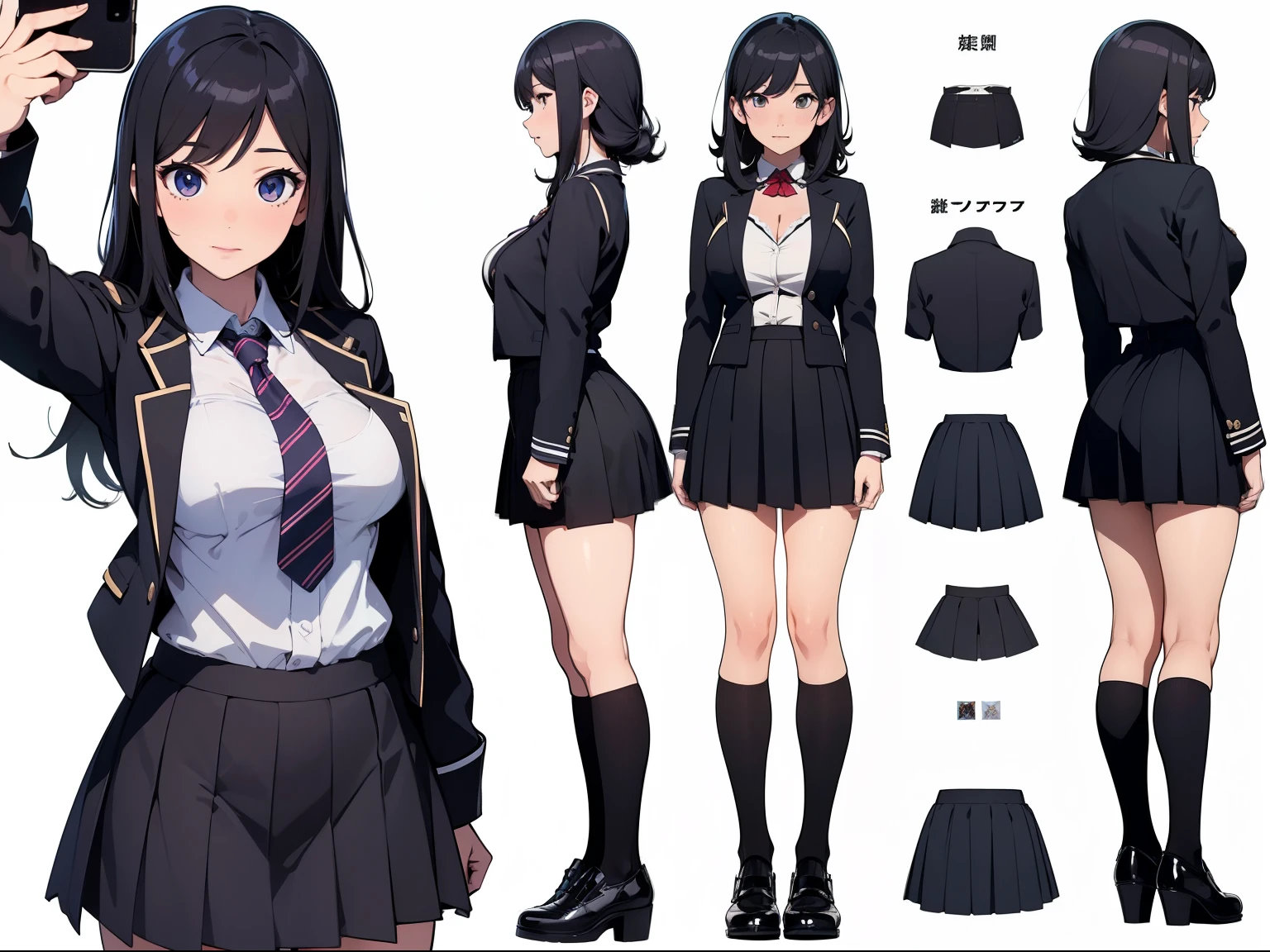 (high quality,4k,8k,highres,masterpiece:1.2),ultra-detailed,(realistic,photorealistic,photo-realistic:1.37),skirt,cleavage,joshi kosei,shy,sexy,blushing,selfie,various angles,perfect hand (front, back, side),character sheet,model sheet,reference sheet,illustration,soft lighting,soft colors,subtle shadows,classroom backdrop,sharp focus,delicate details,portrait