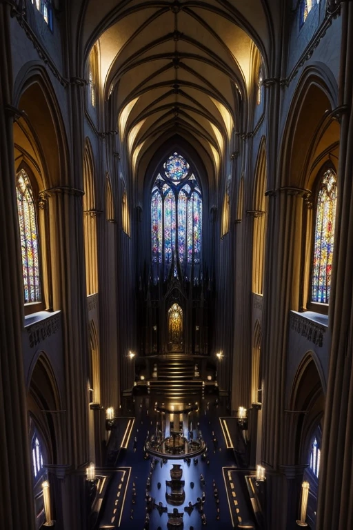 parte interna de uma catedral feita inteiramente de ouro puro, with magical and mysterious lighting seen from above