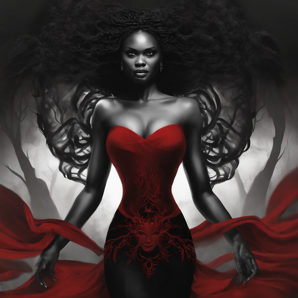 Mitologia. Mulher negra, 30 anos, countenance of fury, olhos raivosos, dentes a mostra (detalhes), red and flowing clothes, grita com punhos fechados. Dark setting with emphasis on the female character
