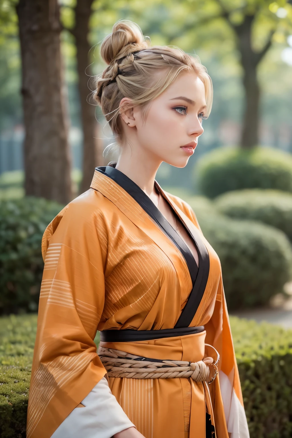 (side view, profile)((Face of AlexiaThompson01R)). beautiful. perfect, ((blonde hair, hair in a bun, hair falling over one eye, emo bangs)), (blue eyes. Vibrant Blue Eye). perfect skin, white skin. thin nose, thin chin. ((samurai, tiger kimono, orange and black kimono, kimono with stripes) (location: garden, shogun, sakura tree)(makeup, beautiful western woman, mascara, brush) (full body photo, front view, standing )