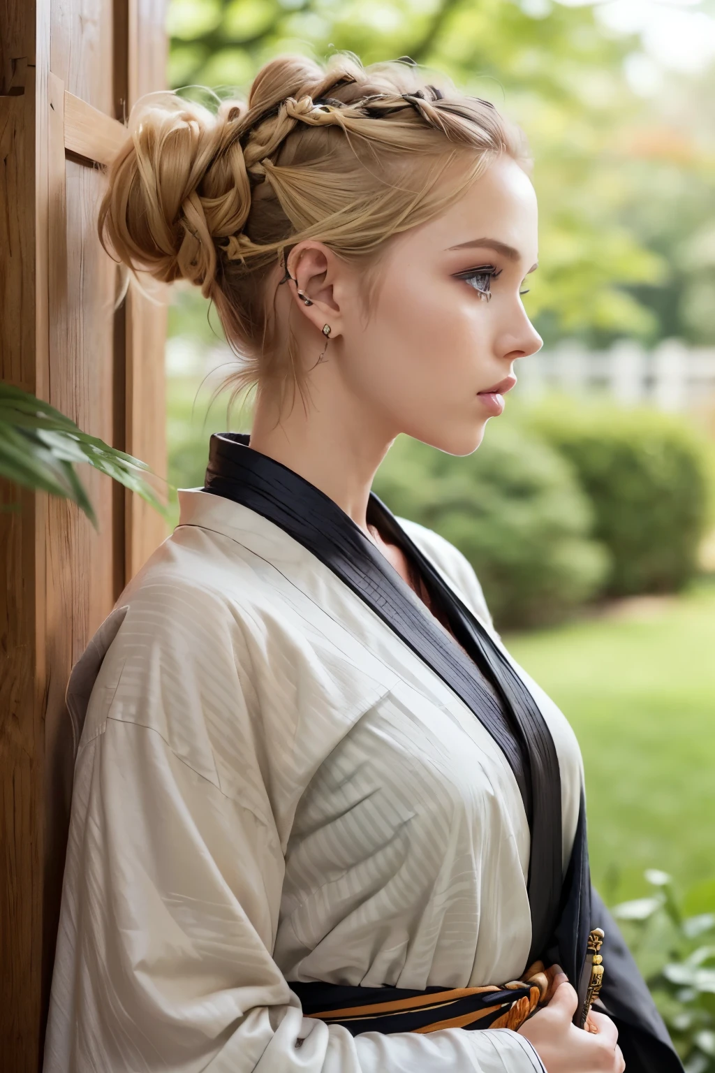 (side view, profile)((Face of AlexiaThompson01R)). beautiful. perfect, ((blonde hair, hair in a bun, hair falling over one eye, emo bangs)), (blue eyes. Vibrant Blue Eye). perfect skin, white skin. thin nose, thin chin. ((samurai, tiger kimono, orange and black kimono, kimono with stripes) (location: garden, shogun, sakura tree)(makeup, beautiful western woman, mascara, brush) (full body photo, front view, standing )