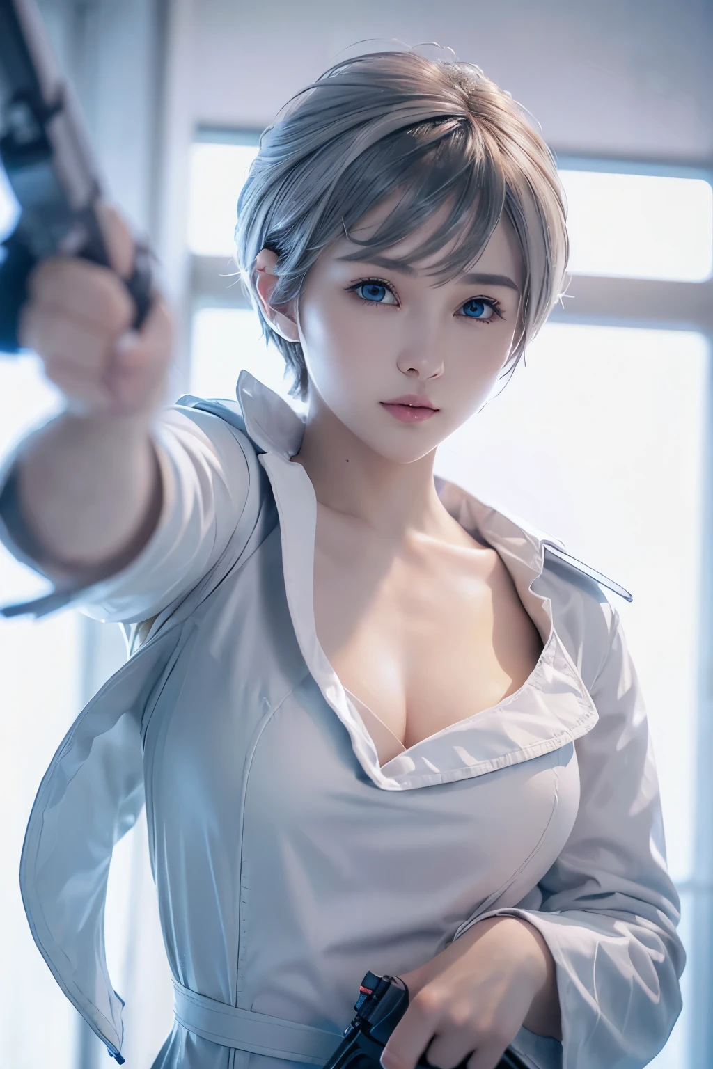 ８ｋ、highest quality, 1 girl, , blue eyes, ((pixie cut)), , , slim、flat body、 face、cute、inverted triangle face、 (close up head shot:1.23) 、assassin、hold a gun in both hands、Wearing a white fur trench coat closed in the front、(Pointing a Gun:1.5)