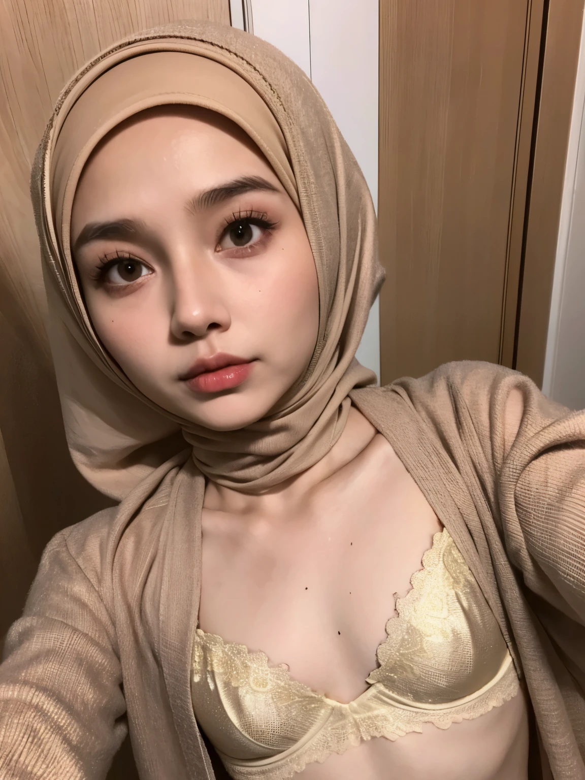 Very Thin body (Wearing Bra Lingerie), (((HIJAB MALAY GIRL))), masutepiece, High quality, UHD 32K, Realistic face, Realistic skin feeling , A Malay Lady, 8 years old, , Very cute and baby-like face, (((FLAT CHEST))), (MATRIX WORLD), ((look In front  at the camera and SADNESS)), ((())), (((CUTE GIRL))), ((BROWN LIPS)), ((BROWN)), (undress). WEAR BRA LINGERIE, gold, green, lace