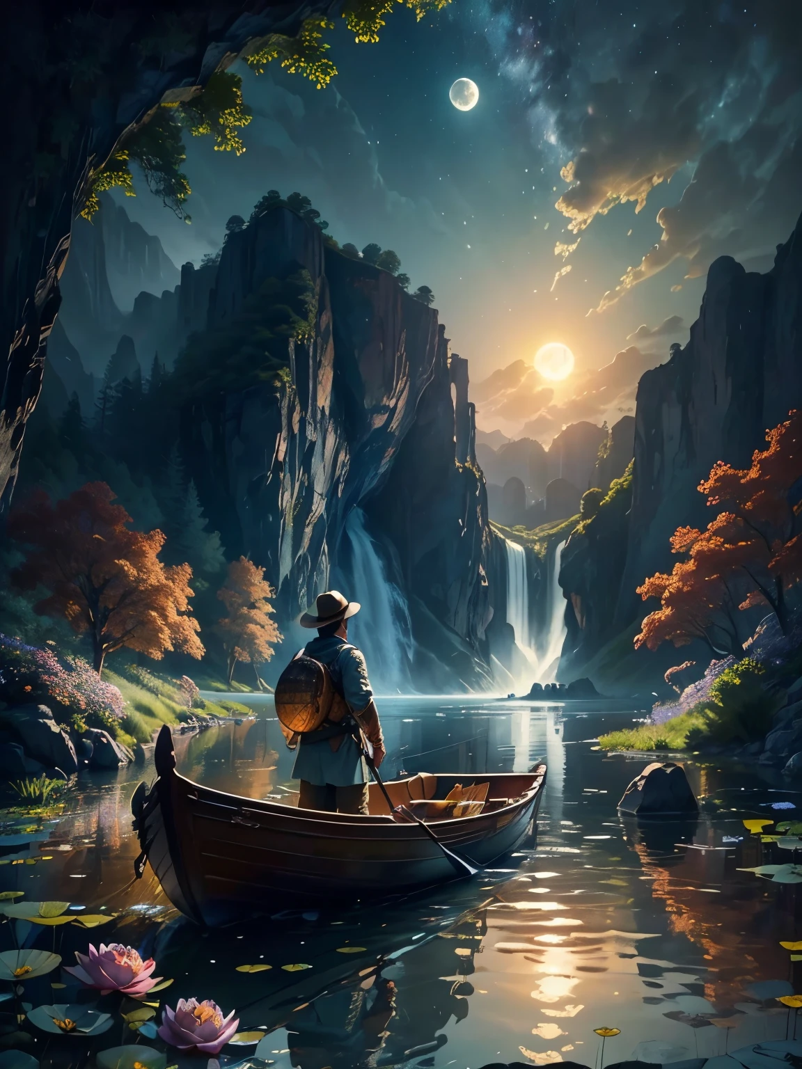 night fisherman in canoe, it is night on the pond, man in boat fishing, silhouette of boat and fisherman in pond, huge full moon, arm of the Milky Way, country cabin, sunset, fog in the forest, waterfall flows into pond, pond with garden, flowers and water lily in pond, rock bridge, epic landscape, oil painting art, watercolor art, trend in artstation, trend in CGSociety, intricate, high detail, dramatic, ((roses and flowers on the banks of the pond)), ((Oil painting)), ((rock bridge)), fisherman in a boat in the middle of the scene, fisherman in a boat carries a lamp, well detailed fisherman in a boat, man on a boat,