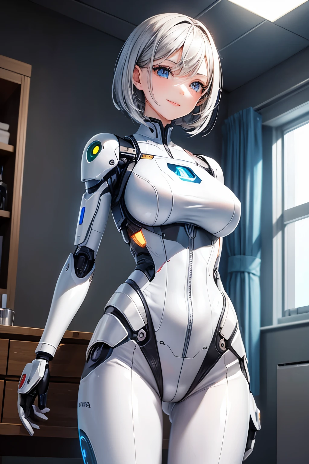 A beautiful android girl with prosthetic arms, a light smile, full lenght, room, full steel.