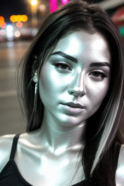 city street, neon, fog, volumetric, closeup portrait photo of beautiful young Mexican woman silver living statue, perfectly body, head, face metallic chrome silver paint, detailed facial head body, perfectly drawn face head body, lifelike expression, living statue, metallic chrome silver tones, black hair, long straight hair, wearing black tank top,