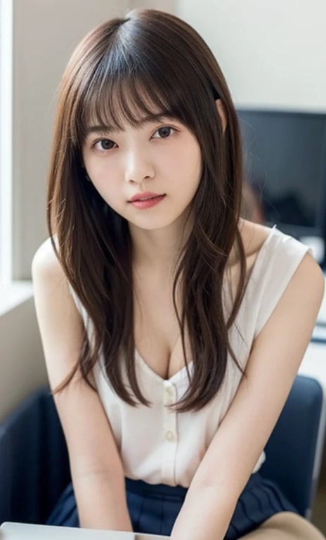 masterpiece、highest quality、16K、High resolution、UHD，Depth of the bounds written、soft light、professional lighting、Pale shading、Weak contrast、Japanese、beautiful girl、daytime office、Window seat、sitting in front of the computer、Tight ensemble that clings to the breasts、navy pleated skirt、micro mooth and beautiful thighs:1.6）、(small breast:1.0)、Faint cleavage、fine and beautiful eyes、（cute hanging eyes）、（thin eyebrows）、（thin lips）、gentle smile、(long wavy hair、high ponytail),(The bangs are see-through bangs)、