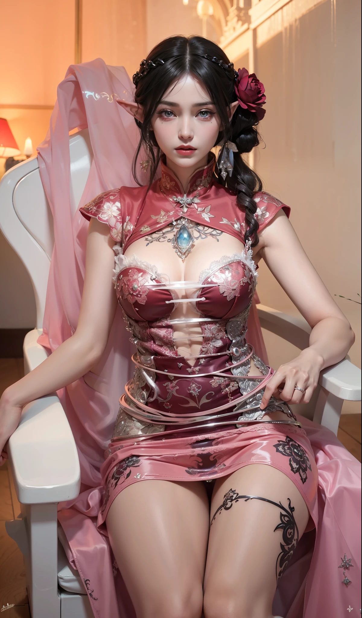 Royal sister,exquisite eyes,ice queen,put the crown on your head,Detailed facial expressions body,tall figure,Attractive figure,Leg length,4K,HD,Sensual,White translucent lace,Fair and plump figure,Good face shape,cherry bites,beautiful and delicious(3D royal sister),plump ass,gloss gel coat,Vampire queen wears luxurious dress,Have a tattoo(intricate tattoo designs),upper body portrait,Elf Princess,Rich facial details,shut up(Edentulous), Angel,The glasses are blue(Pupils as deep as the starry sky),lively expression,tattoo queen,Wear silk cheongsam,sit on the chair