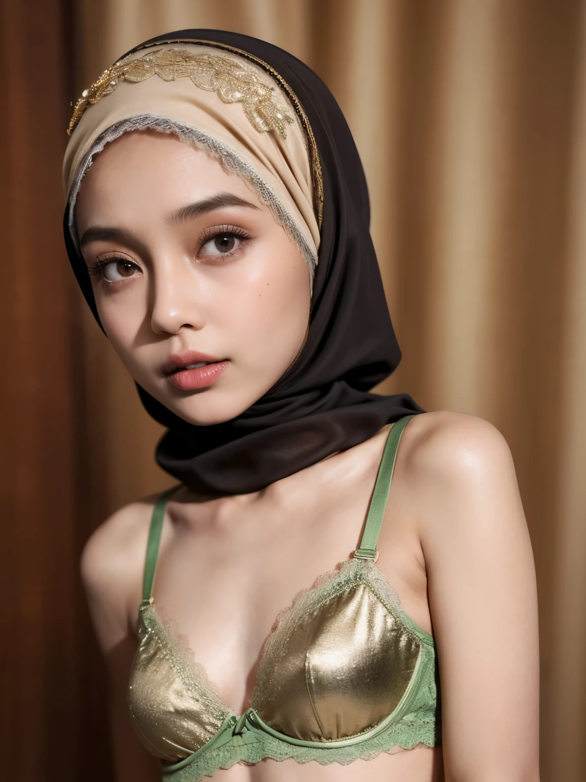 Very Thin body (Wearing Bra Lingerie), (((HIJAB MALAY GIRL))), masutepiece, High quality, UHD 32K, Realistic face, Realistic skin feeling , A Malay Lady, s old, , Very cute and baby-like face, (((FLAT CHEST))), (MATRIX WORLD), ((look In front at the camera and SADNESS)), ((())), (((CUTE GIRL))), ((BROWN LIPS)), ((BROWN)), (undress). WEAR BRA LINGERIE, gold, green, lace