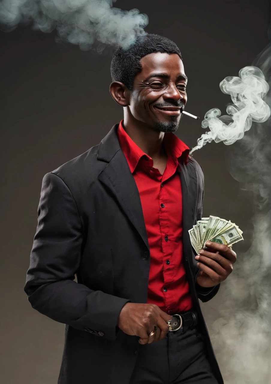 Personagem dos quadrinhos, fiction. Homem negro, 30 anos, roupas vermelha e preta, the environment has smoke and money, moedas de ouro. Homem sorrindo, alegre