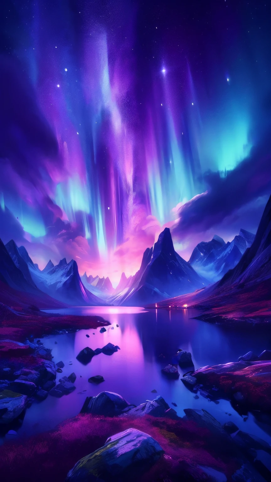 a purple and blue aurora bore over a mountain lake, magnificent background, beautiful art uhd 4 k, 8k stunning artwork, magical colors and atmosphere, wallpaper 4k, wallpaper 4 k, amazing wallpaper, 8k hd wallpaper, 8 k hd wallpaper, 4k highly detailed digital art, beautiful wallpaper, magical colours and atmosphere, northern lights background