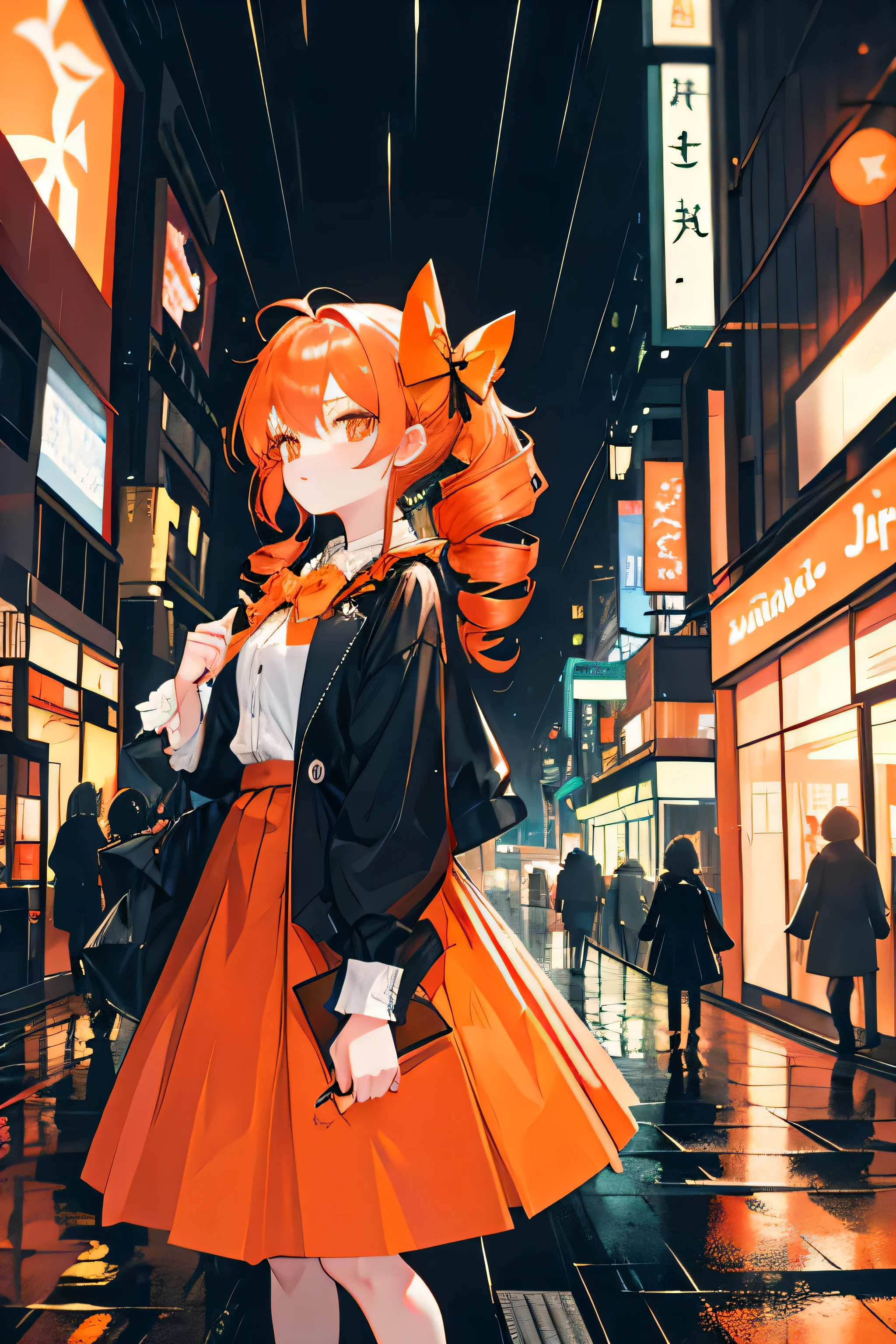 Girl holding an umbrella,yorigami jo'on, double drill hairs, orange hair, Bow knot,long skirt,rainy evening,Traffic,Buildings,neonlight