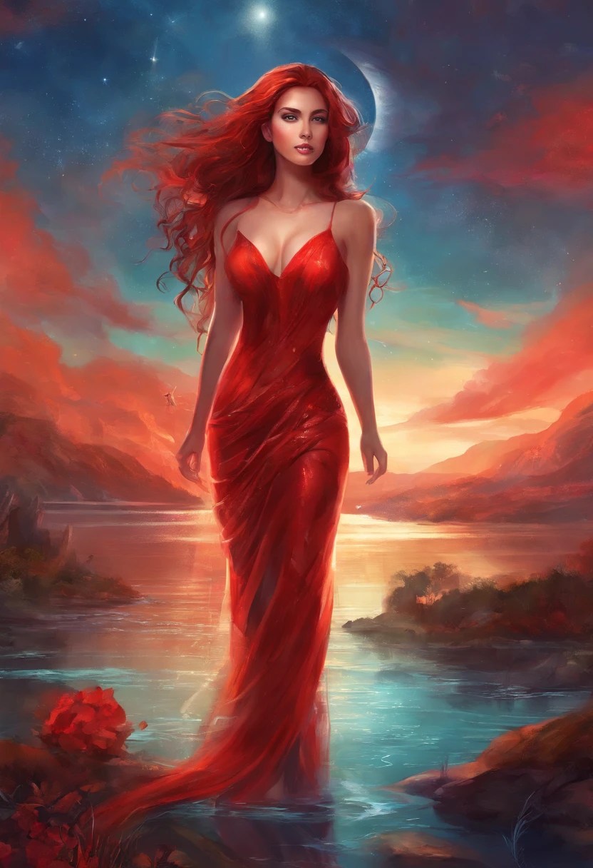 nice looking latina girl with big tits and red long hair, wet body, short tight red dress, red lips, nice landscape in the background, blue eyes