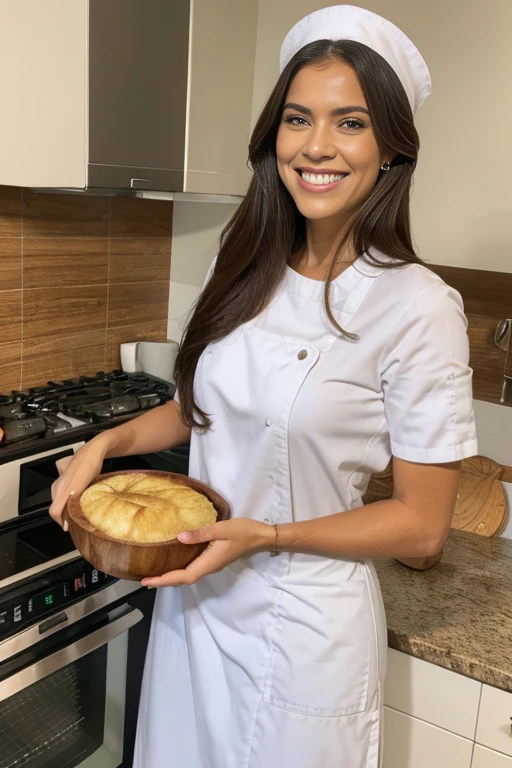 Brazilian milf, Brazilian girl, pelo rubio, piel blanca como la nieve, (uniforme de chef), completamente de tela, (Ambiente de cocina), (postura segura), (sonriendo), cocinando comida, cocina junto al mar, vestida de chef, gorro blanco, delatal, estufa caliente, luz cinematografica, atractiva mujer coinera, ollas grandes, ambiente sobrio