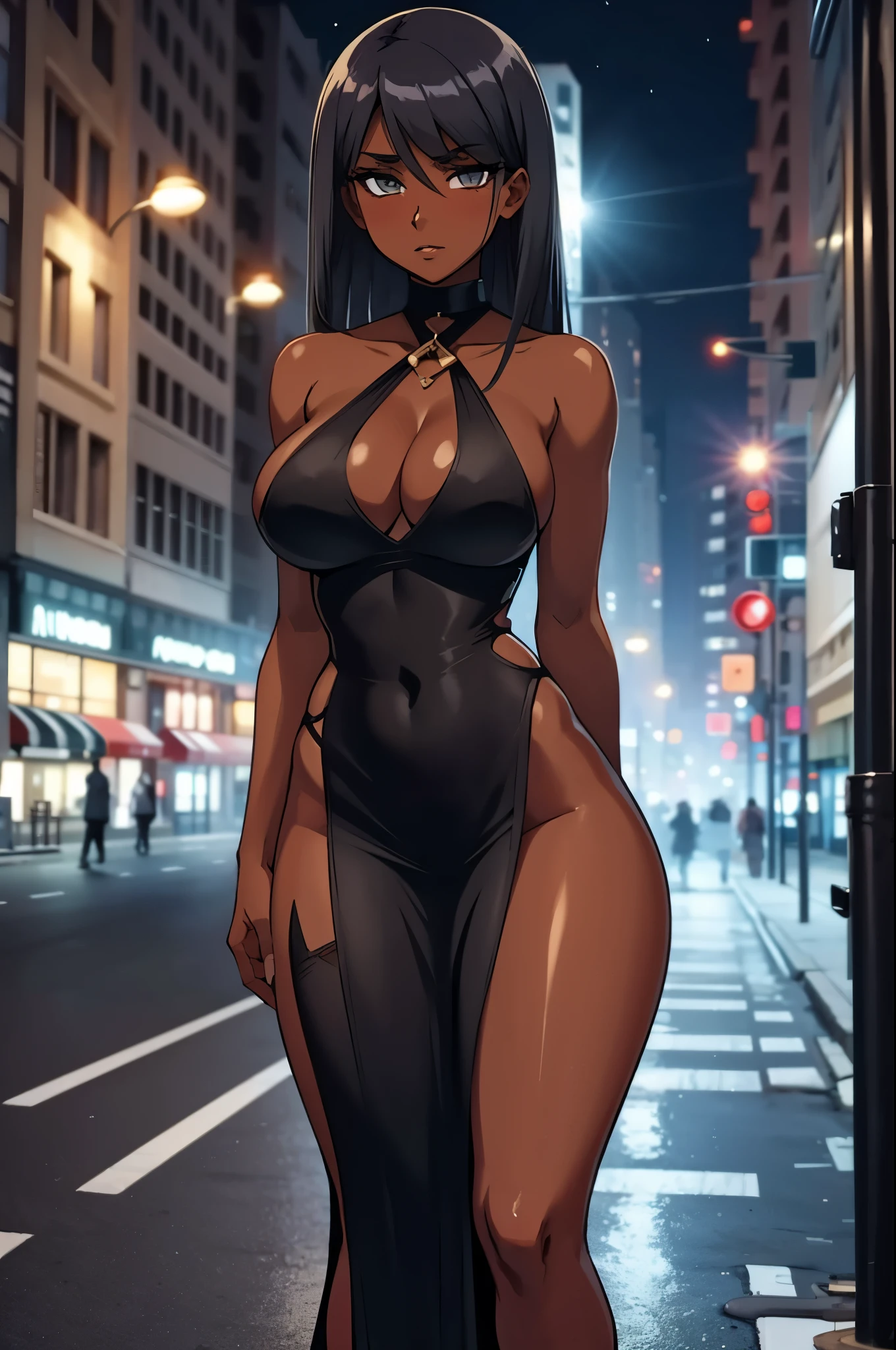 1 hot girl, dark skin, high-slit dress, low-cut cleavage, halter, thigh cleavage, street sidewalk, fog, night city