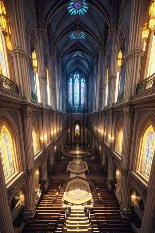 parte interna de uma catedral feita inteiramente de ouro puro, with magical and mysterious lighting seen from above