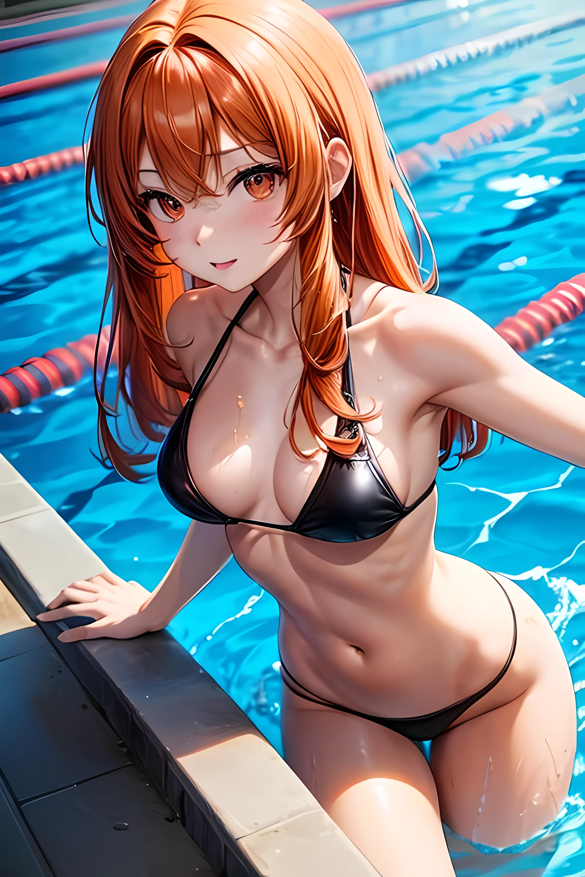 orange haired, black asian eyes, fit and sexy body, thin body, little anime girl, long hair, swimming in a pool