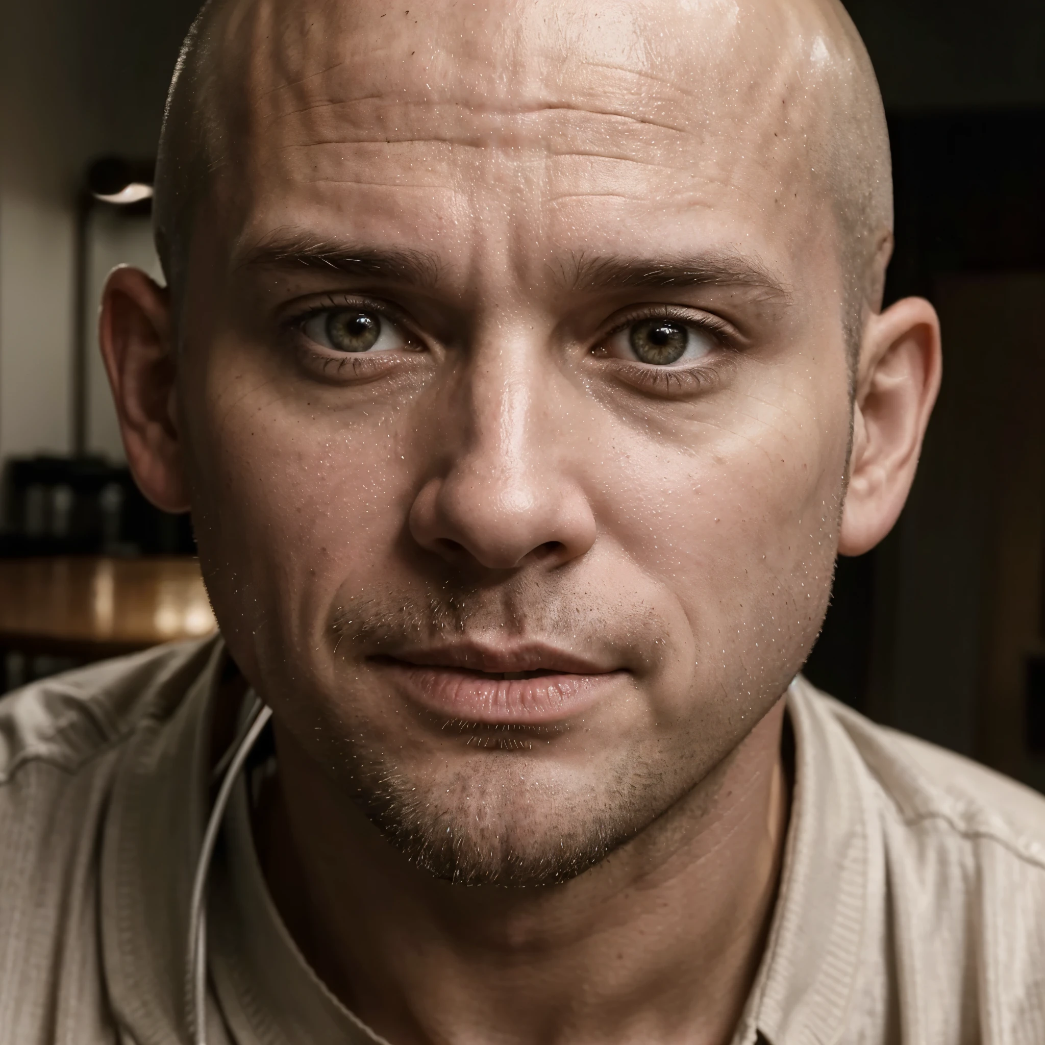 I want an HD pencil sketch of a lonely, bald, 40-year-old white male. He is longing for camaraderie with other men his age. Please focus on the facial expressions that express the need for companionship, the loneliness, and the concern.