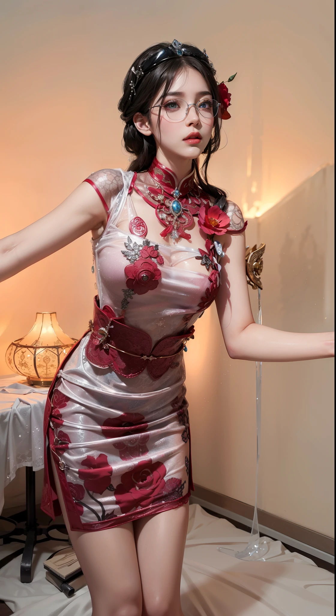 Royal sister,exquisite eyes,ice queen,put the crown on your head,Detailed facial expressions body,tall figure,Attractive figure,Leg length,4K,HD,Sensual,White translucent lace,白皙plump figure,little cherry mouth,beautiful and cute,plump figure,gloss gel coat,Vampire queen wears luxurious dress,Have a tattoo(intricate tattoo designs),ice princess,Rich facial details,16 Year Old Angel,The glasses are blue(Pupils as deep as the starry sky),Wear silk cheongsam,