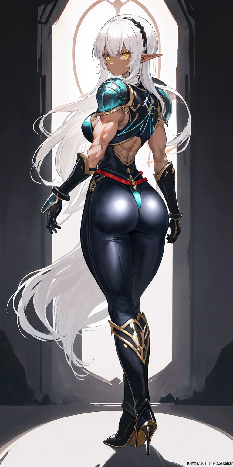 1solo dark black SKIN elf, long hair, white hair, yellow eyes, full body, breastplate, looking at viewer, shiny, armor, thigh highs, high boots, shoulder armor, faulds, poleyn, gloves, gauntlets, (((1 girl))), medium to large breasts, a beautiful and cute lady, standing, (big muscular ass), {{{wearing armor }}} (thin waist), (incredibly beautiful full body photo, standing, (((bright eyes))), good anatomy, perfect hand muscular legs))), thin waist, muscular abdomen, wearing black high heel shoes, (((with her back to me showing her big shapely ass to me)))